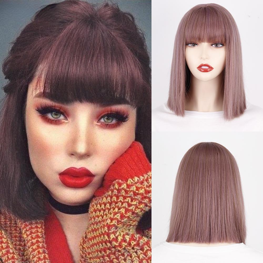 

MISS WIG Короткие синтетические парики с челкой для женщин, парики блондинки, черного, синего цвета из натуральных волос для Лолиты, косплея, вечеринки, повседневного использования 12inches