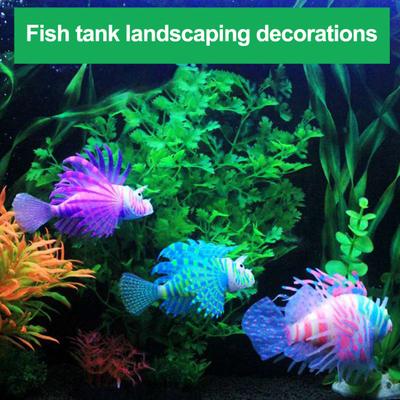 Fish Tank Silicone Lionfish Decoration with Suction Cup Glow In The Dark Realistic Floating Colorful Fish Model Aquarium Landscape Ornament