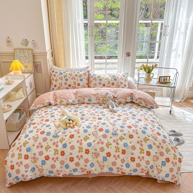 Garden Pink Flowers Pattern Duvet Cover Set 3Pcs Cute Rabbit Printed 100% Cotton Soft Comfortable Comforter Cover Bedding Set