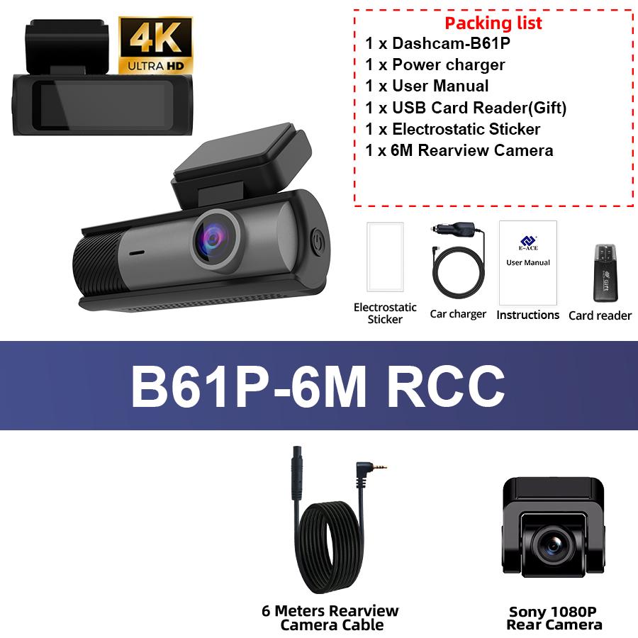 E-ACE Kamera samochodowa 3'' 4K Rejestrator samochodowy z podwójnym obiektywem Wbudowane WIFI GPS Obsługa tylnej kamery 1080P Tryb parkowania 24H Czarna skrzynka