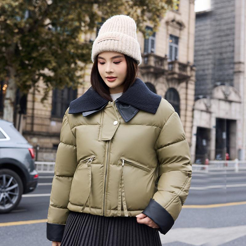 Knitted Lapel Short Down Cotton-padded Jacket for Women's Winter Thickened Leather Splicing Cotton-padded Jacket