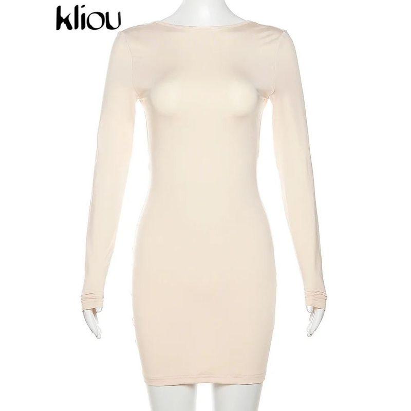 

Long Sleeved Backpack Hip Revealing Dress Long Sleeves Open Back Package Hip Dress Khaki L(L)