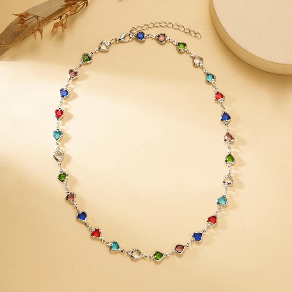 Vintage Colorful Crystal Bead Heart Choker Necklace for Women New Fashion Boho Gold Color Chain Jewelry Charm Summer Beach Gift