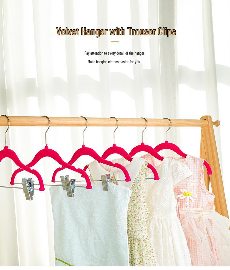 Children's Non-slip Flocked Hangers with Metal Clips for Clothing Displays