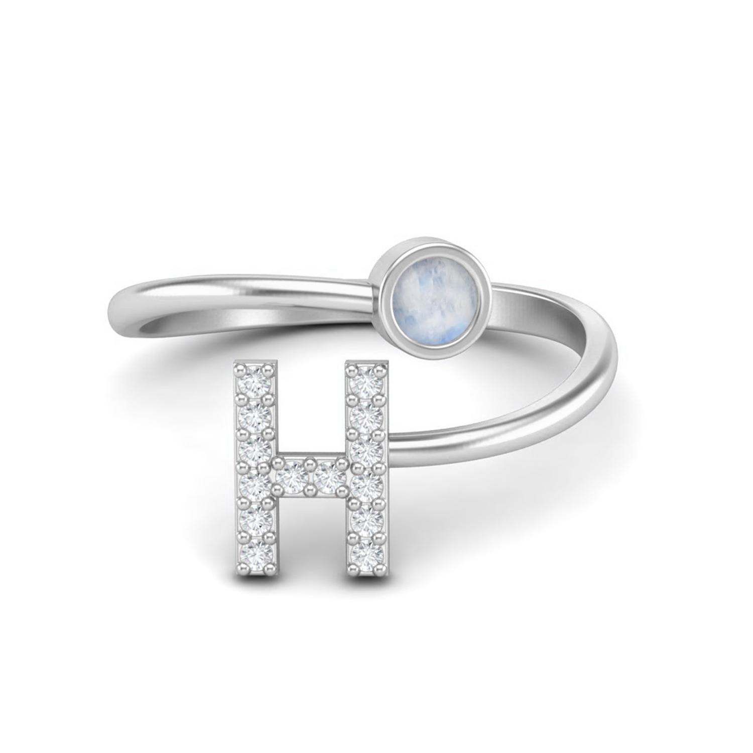 

Capital H Initial Letter Moonstone Women Adjustable Front Open Ring 925 Sterling Silver 5 белый