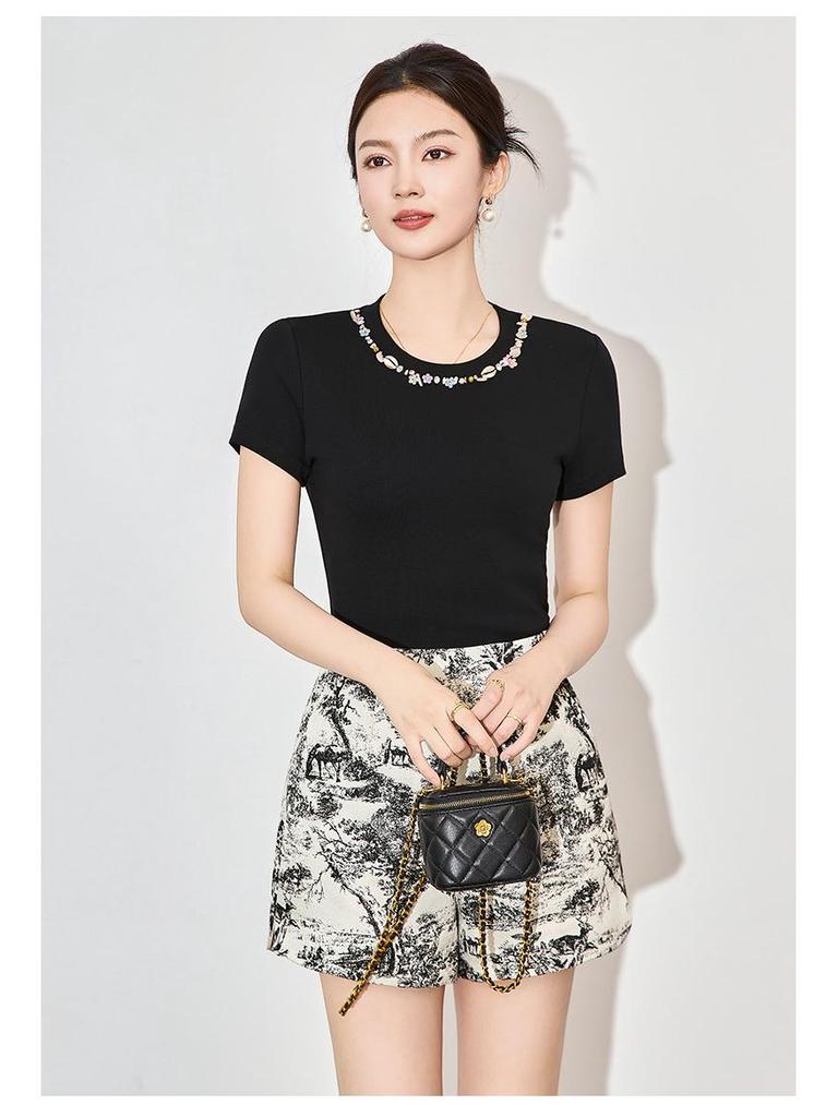 Beaded High-Elastic Fashionable Casual Women's T-Shirt Top