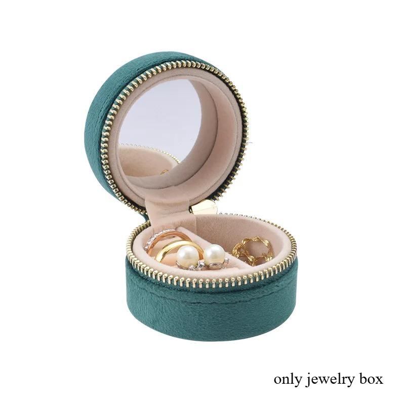 Mini Round Velvet Jewelry Box Portable Travel Organizer Case with Mirror and Zipper Rings Earrings Necklaces Small Accessories