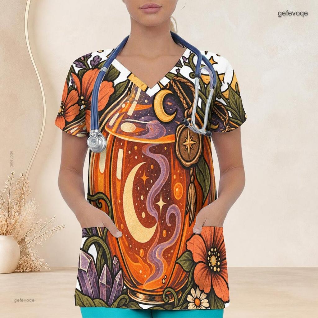 Women Plus Size Scrub Top V Neck Short Sleeve Mystical Potion Floral Printed With Front Pockets