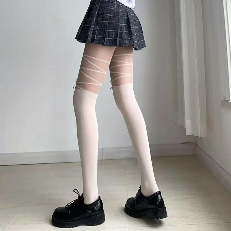 Thin Stockings Women Bowknot Straps Lolita Cute Pantyhose Girls Long Tights Socks Black White Sexy Lingeries for Woman
