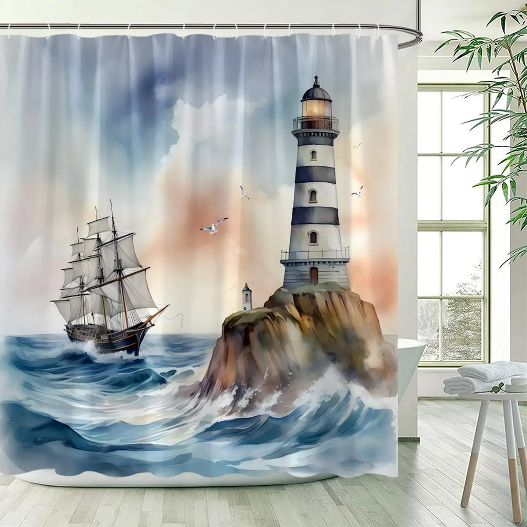 Sea Waves Nautical Shower Curtains Island Lighthouse Sailboat Ocean Landscape Bath Curtain Polyester Bathroom Decor with Hooks