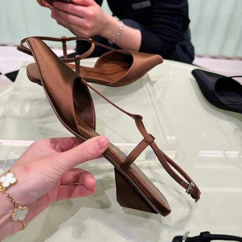 Triangular bag head cat heel sandals women's thick heel new summer satin middle heel pointed single shoes