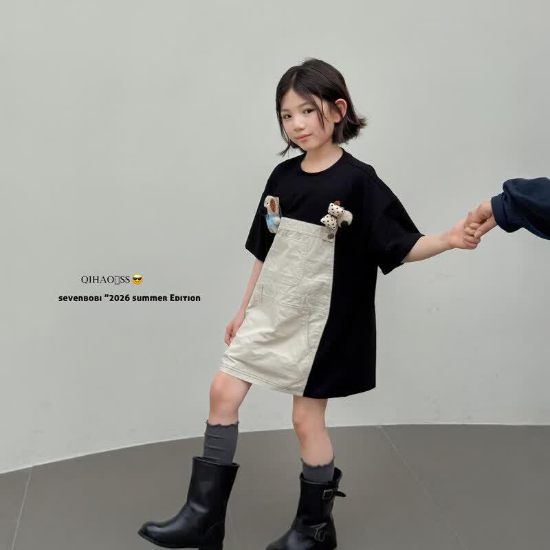 SEVEN BOBIS Girls Korean Style Faux Two-Piece 3D Doll Summer Dress 110 cm чёрный