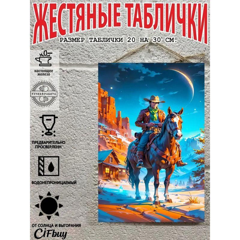Cowboy on Horse Metal Tin Sign 20x30cm Rustic Wall Decor