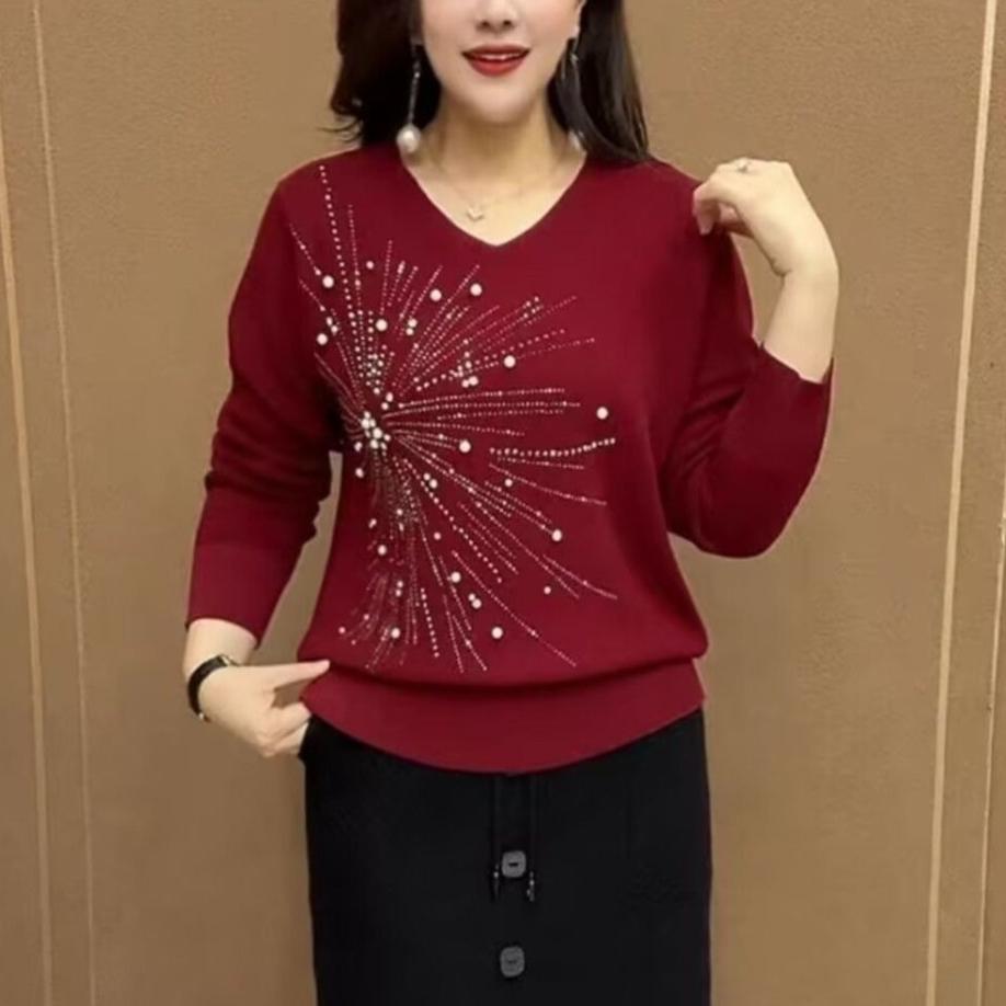 

Женский свитер с V-образным вырезом, осенне-зимний, с бисером, свободного кроя, однотонный пуловер, вязаный топ 2XL бордовый