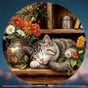 Hisun Tin Sign Vintage Sleeping Tabby Cat  Flowers Round Tin Sign Retro Cozy Cottagecore Themed Metal Wall Art Plaque Waterproof Rustic Iron