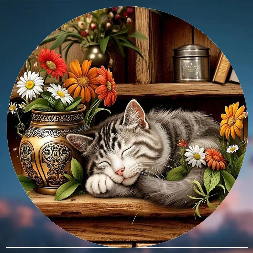 Hisun Tin Sign Vintage Sleeping Tabby Cat  Flowers Round Tin Sign Retro Cozy Cottagecore Themed Metal Wall Art Plaque Waterproof Rustic Iron