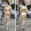 Chinese Women Plum Blossom Bridesmaid Short Sleeve Split Mini Evening Dress