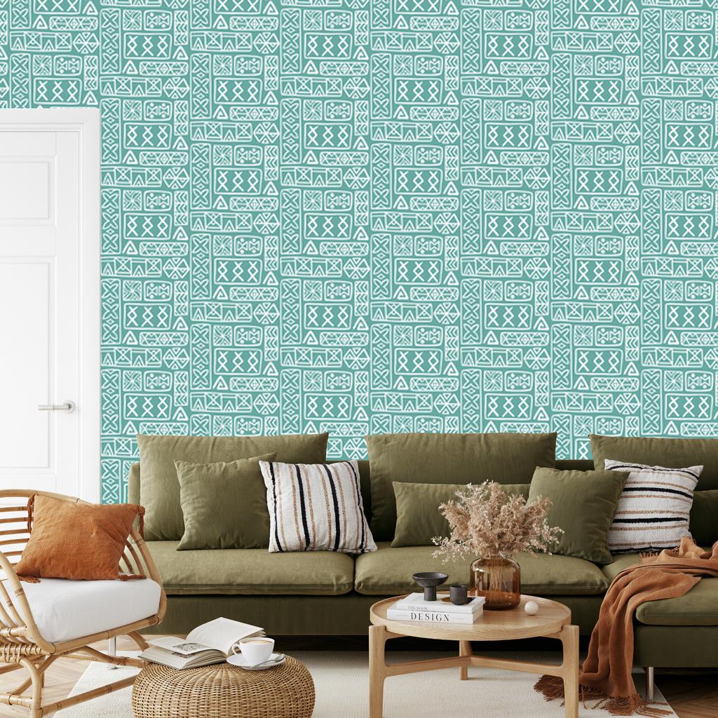 Polynesian Geometric Pattern Wallpaper in Sea and Turquoise 50x1000