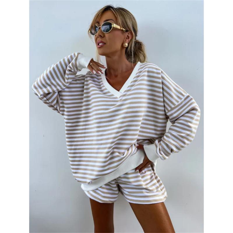 Spring Summer Women Clothes Casual Striped Suit Long-Sleeved V-Neck Loose Top + Sports Shorts 2-Piece Set For Women
