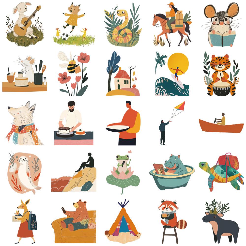 50-Set Minimalist Children's Storybook Cartoon Stickers - Fun DIY Decals