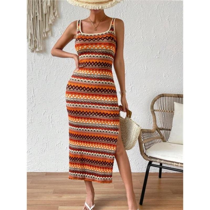 

Уличная мода повседневное полосатое платье без рукавов с квадратным воротником для женщин S оранжевый