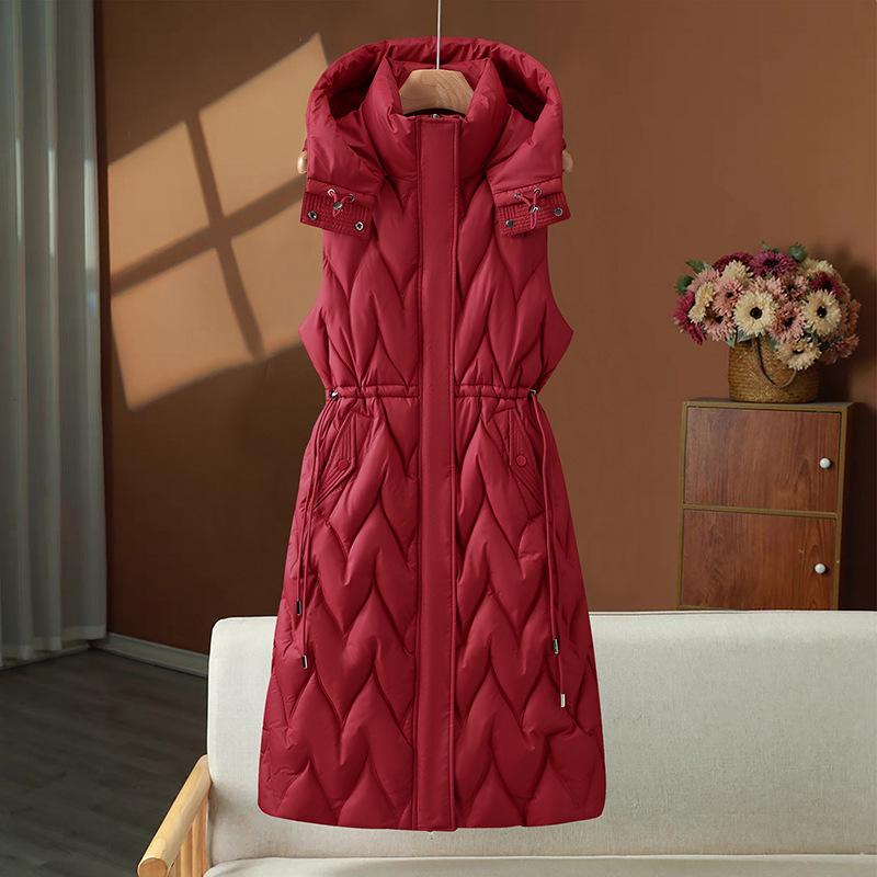 Medium and long over-knee cotton vest jacket for women's autumn and winter hooded fashion casual warm vest waist vest