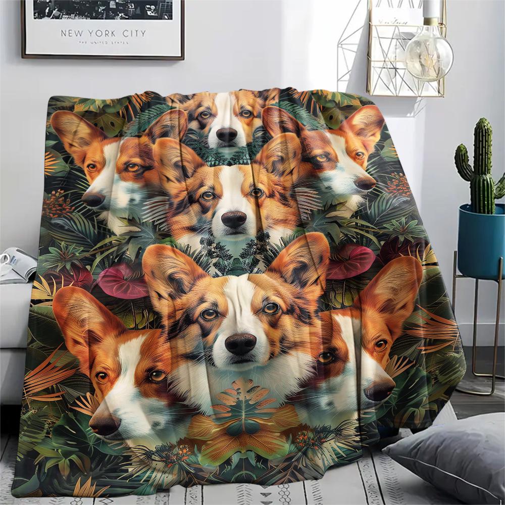 1Pc Collie Corgi Print Flannel Blanket, High quality Comfortable for All Seasons, Home Decor, Warmth and Comfort, Perfect for Christmas Gifts