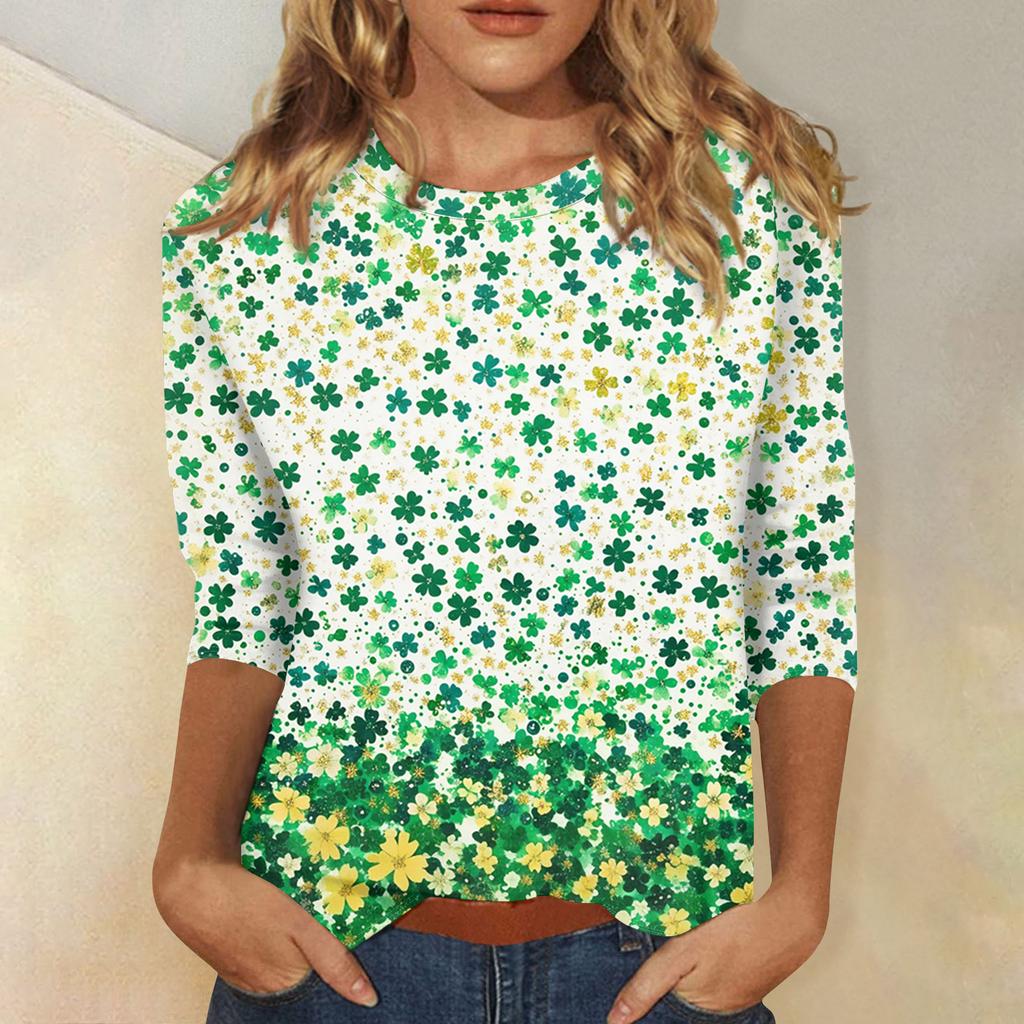 Women's Tops Three-quarter Sleeve Shirt Round-neck Loose Casual Shirt Print T-shirt