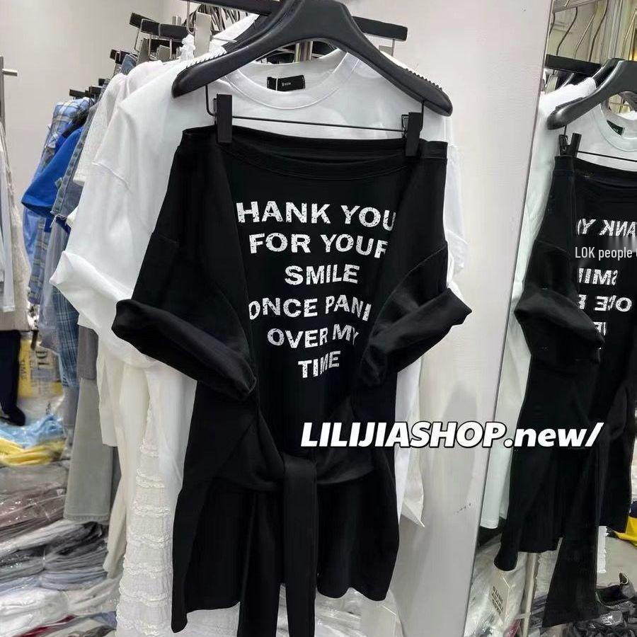 

Women s Plus Size One-Shoulder Letter Print Short Sleeve Top - Summer Slimming Style 4XL (for 181-200 kg) чёрный