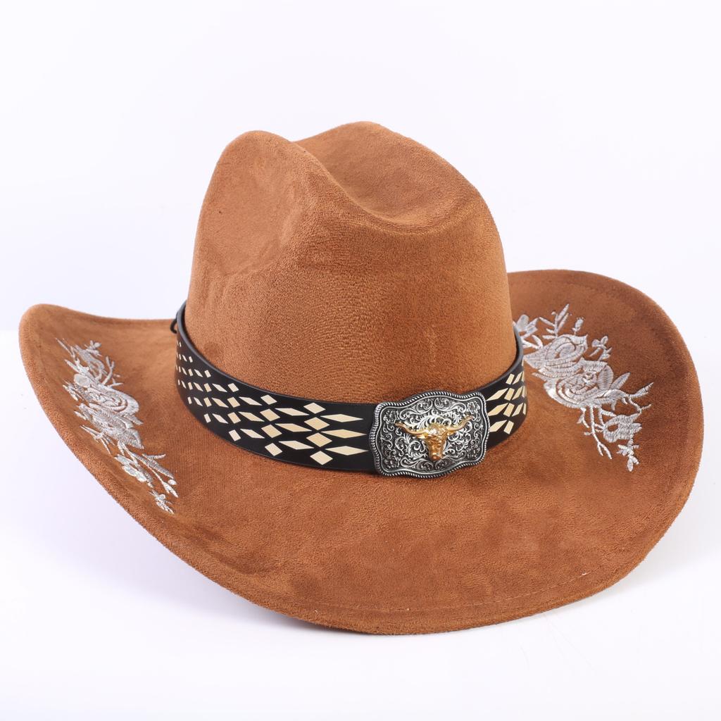 Popular European and American Classic Suede Western Cowboy Hat Men's and Women's Big Brim Embroidered Outdoor Sun Hat