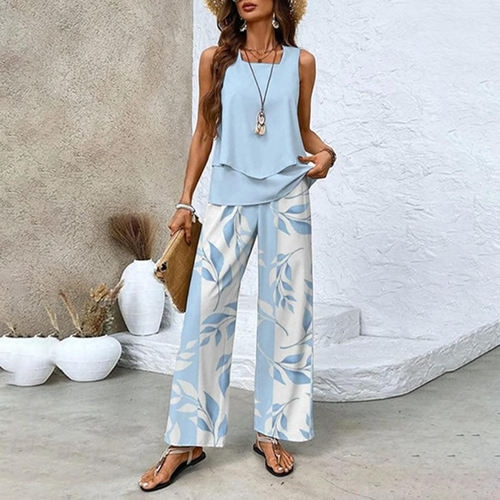 

Women s Two-piece Summer Loose Sleeveless Double-layer Vest Top, Casual Pants Vacation Set XXL