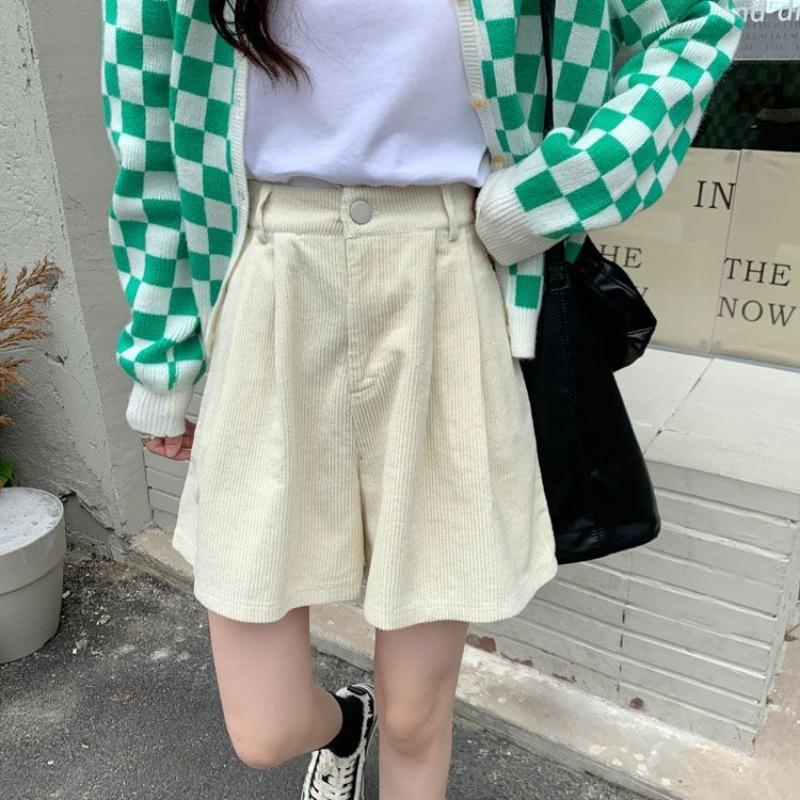 Corduroy Shorts for Women Autumn Winter Vintage Style Clothing Solid Wide-leg Shorts Casual Elastic Waist A-line Pants