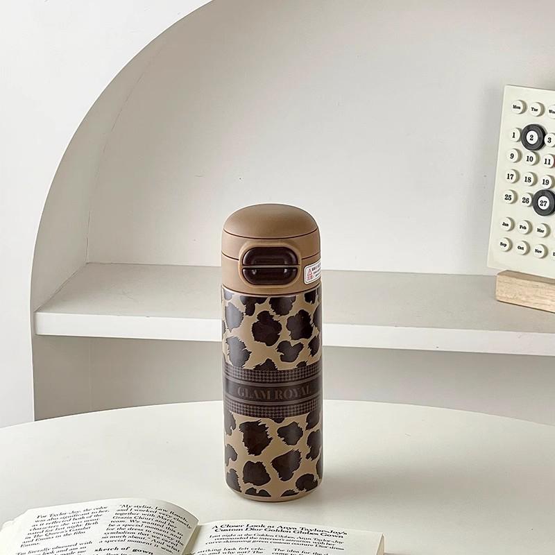 

Luxury Leopard Thermos Coffee Thermal Cup Tumbler Stainless Steel Water Bottle With Straw For Tea Juice Portable Drinking Cups 500ml кавовий