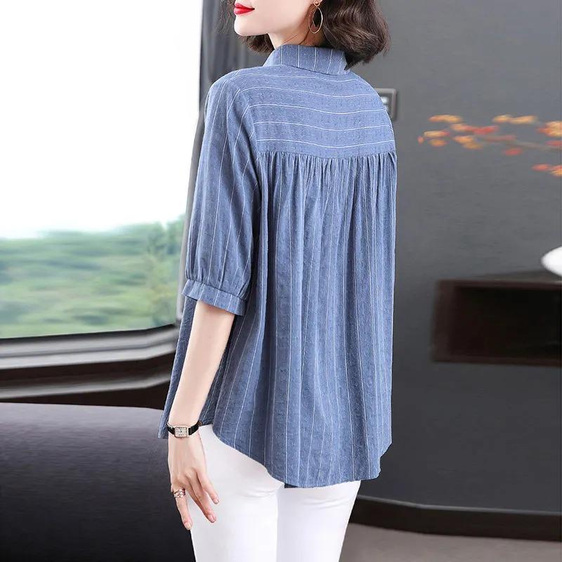 New Vertical Striped Five-quarter Sleeve Shirt Women's Loose Short-sleeved Shirt Summer Middle-aged Women's Top