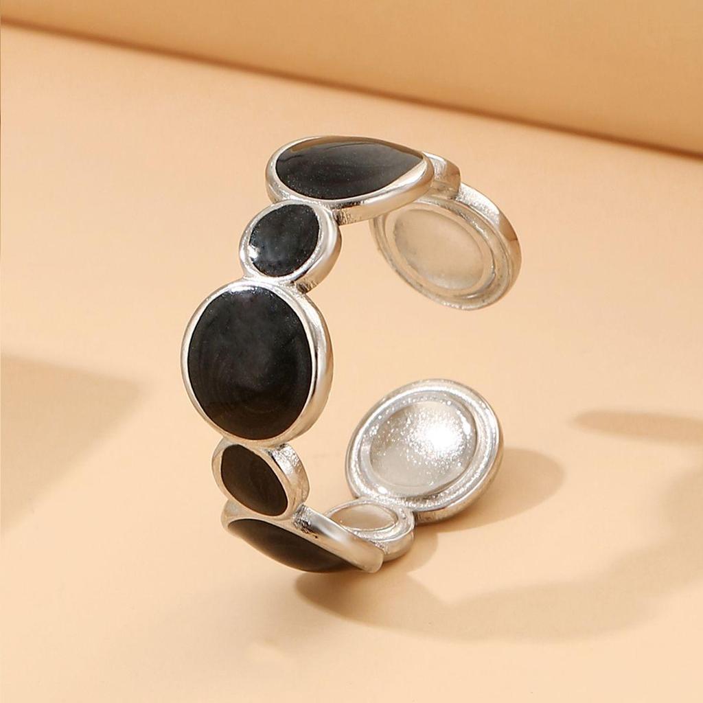 European & American Black and White Geometric Enamel Open Stainless Steel Ring