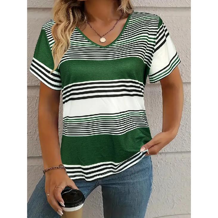 2026 New Fashion Women's Casual Versatile Square Pattern Short Sleeve V-Neck T-Shirt