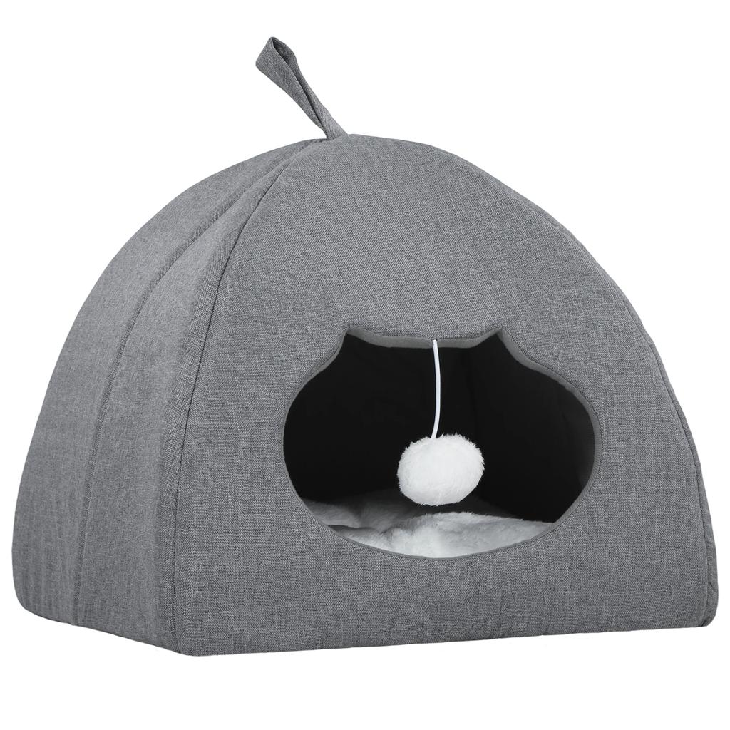 Cat Cave Bed for Indoor Kittens, Cat House with Removable Cushion and Teaser Ball, Kitty Igloo with Anti-Slip Base, 42 X 42 X 39 Cm, Grey