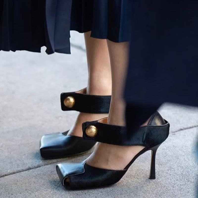 Fashion Vintage Square Toe Patchwork Leather Women Pumps Fashion Spring Autumn Mary Janes Horsehair Stiletto High Heels Party Prom Shoes