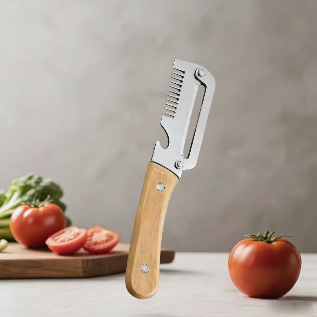 Premium Vegetable Peeler with Wooden Handle and Bottle Opener 2-in-1 Stainless Steel Kitchen Tool for Fruit Apple Potato Pumpkin