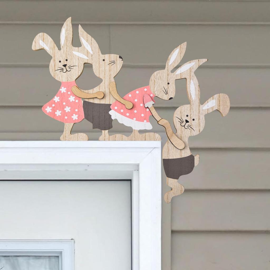 New Easter Painted Rabbit Ornaments Wooden Crafts Home Decoration Door Wall Hanging Pendant Easter Bunny Party Decor