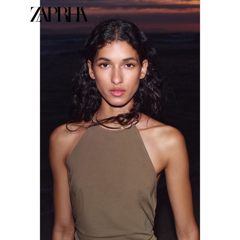 Zaprha 2025 Summer New Accessories Temperament Hanging Neck Midi Casual Dress Waist Hugging Slimming 3564092