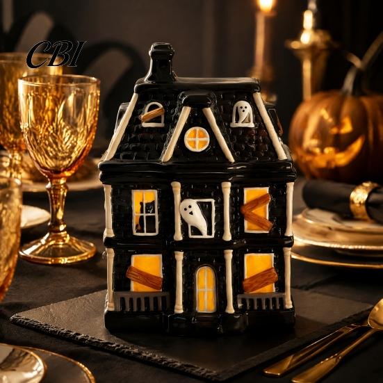 Festive Party Supplies Haunted House Candy Jar with Lid, Synthetic Resin Halloween Storage Container, 3D Relief Craftsmanship Box for Cookies Jewelry