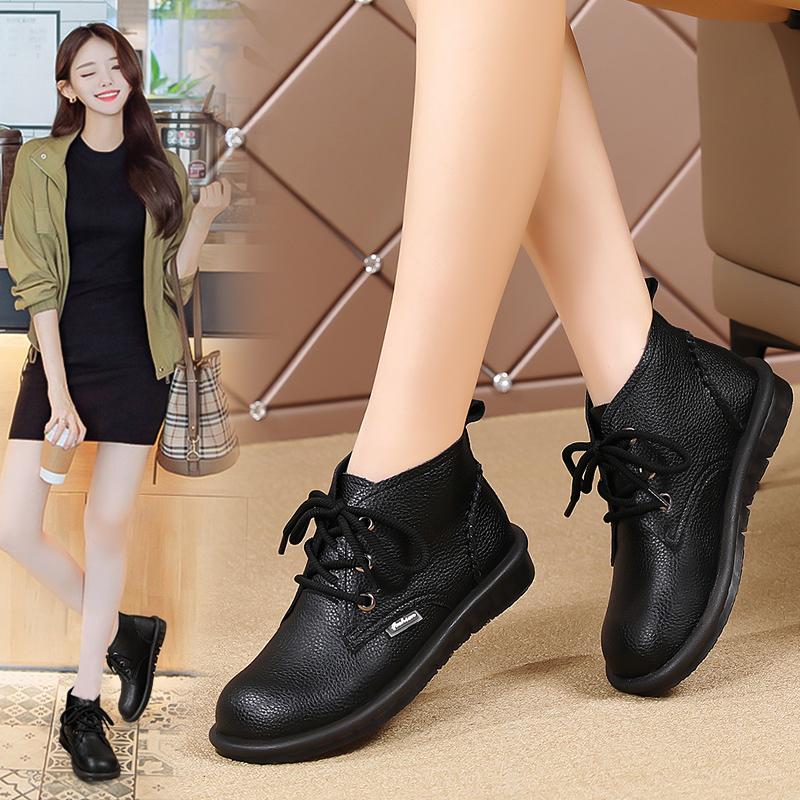 Women’s Classic Oxfords Boots Flats Black Leather Student Booties for Girl Motorcycle Ankle Boots Winter Boots