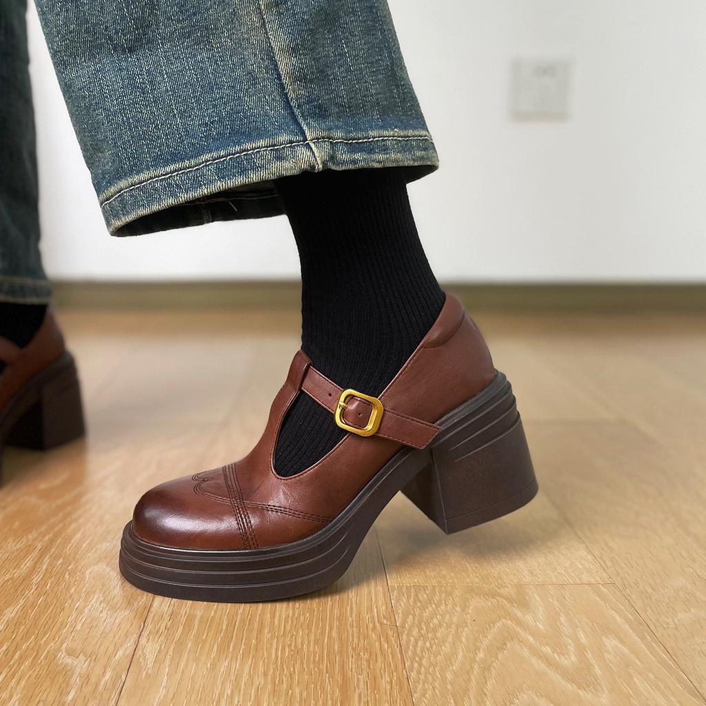 French black round head Mary Jane shoes women's spring new thick high heel thick sole heightening retro single shoes small leather shoes