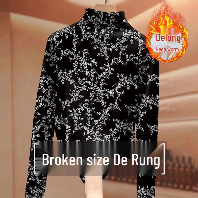 

Women s Elegant Ribbed Plush Base Layer Top - Long Sleeve, Half-High Collar, Slim Fit, Printed Design for Autumn & Winter L (90-105 jin)