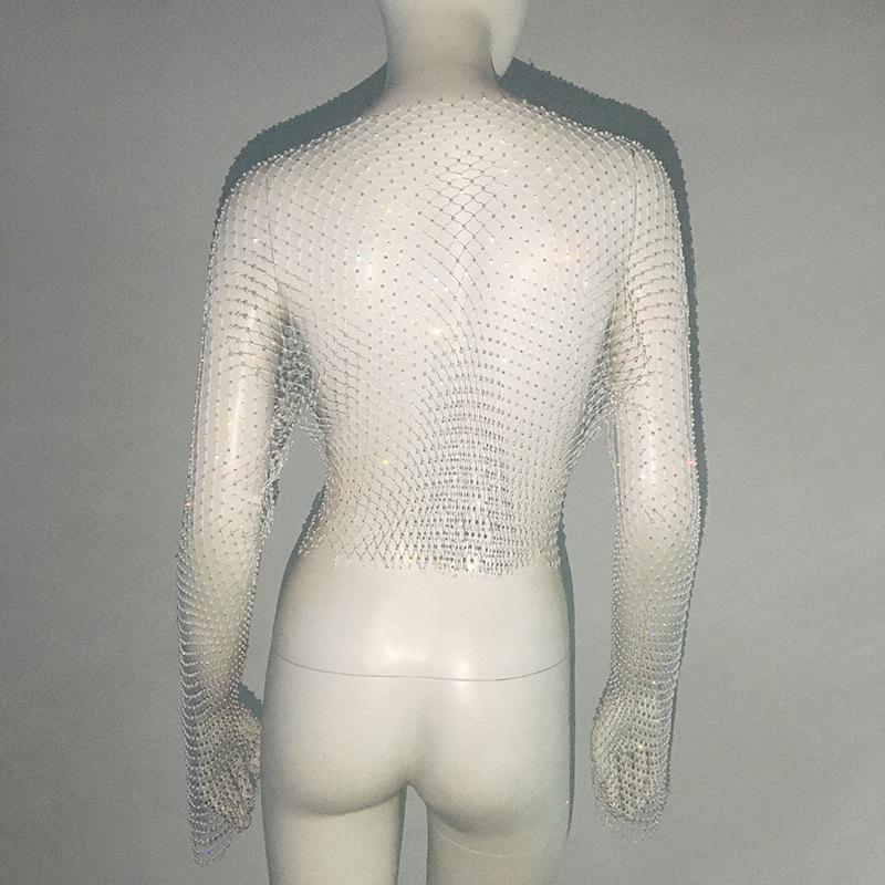 Europäisches & Amerikanisches High-End Mesh Strass Damen Langarmtop