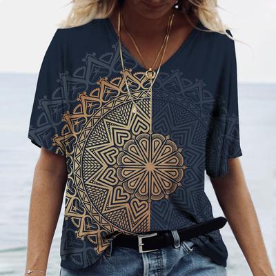 2023 neue frauen Kleidung Sommer Print T Shirt Mandala Gradienten Kurzarm Tops V-ausschnitt Pullover T-shirts Casual Streetwear plus Größe 5XL