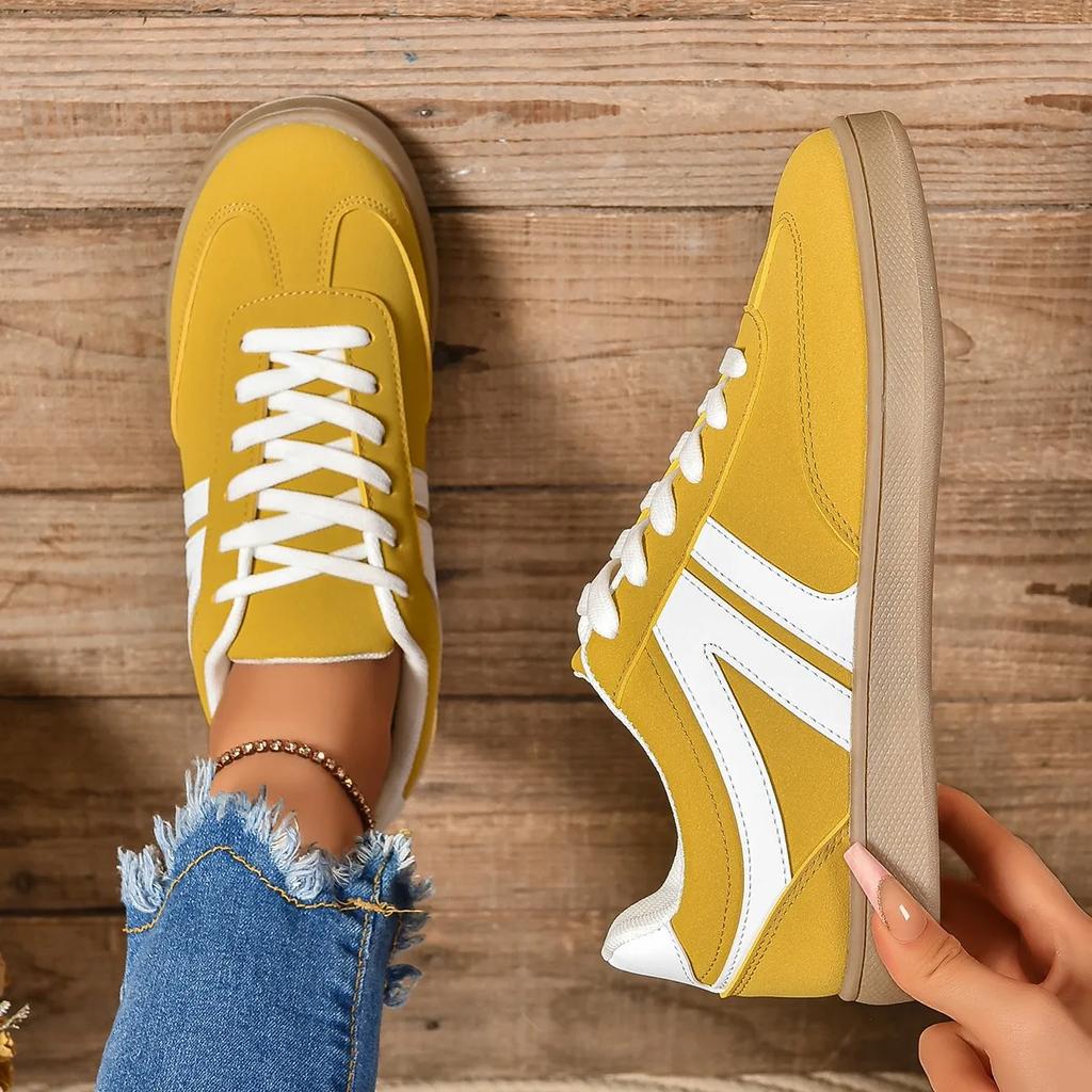 Yellow Women Sneakers 2024 Autumn Luxury Flat Loafers Comfortable Lace-up Soft Female Sneakers Lightweight Outdoor Shoes 35-43