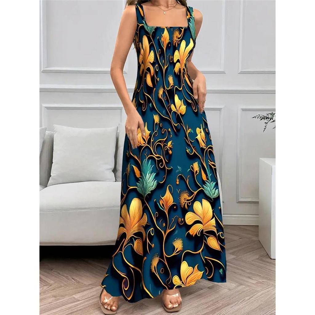 Women's Sleeveless Square Collar Printed Elegant Long Vest Dress