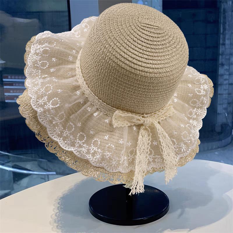 Wide-brimmed Straw Hat with Ties for Women, Korean Style, Summer Hollow Breathable Straw Hat, Beach Vacation Sunshade Fisherman Hat